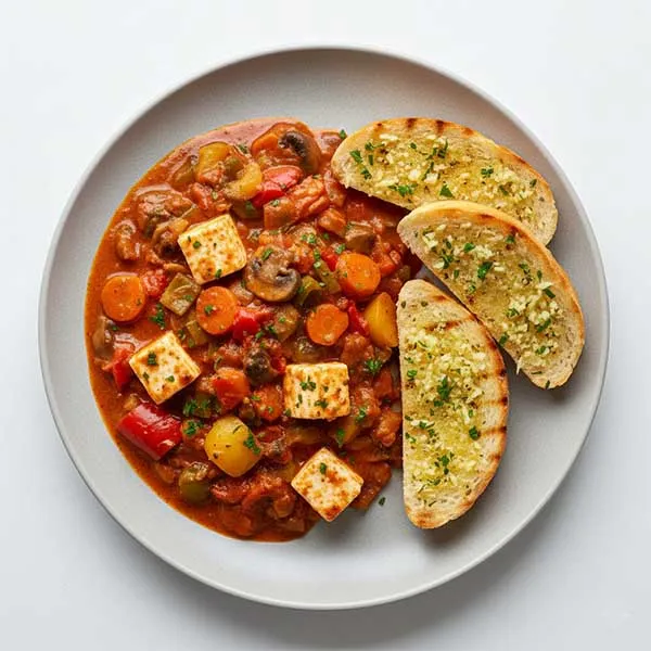 Hungarian Mix Vegetable & Cottage Cheese Stew With Garlic Panini Slice